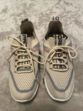 Beige Knit Slip-On Athletic Sneakers with Lace-Up Detail